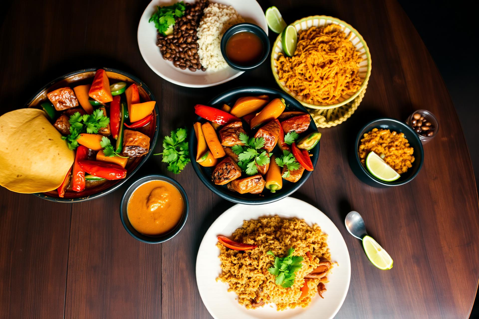 Colorful Tex-Mex dinner spread on a wooden table